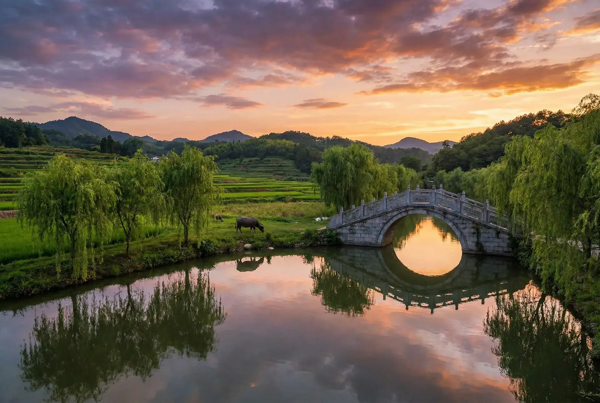 夕阳下的石拱桥与垂柳，水牛在河边吃草 - 高朋满座国语 乡村美景